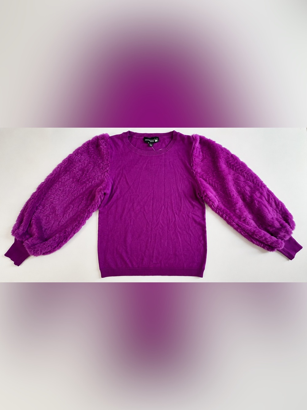 NWT Anthony Originals Faux Fur Sleeve Sweater Purple Magenta Size Small